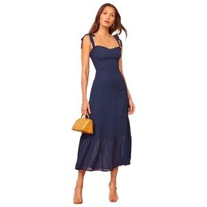 Reformation Navy Tie-Shoulder Midi Dress